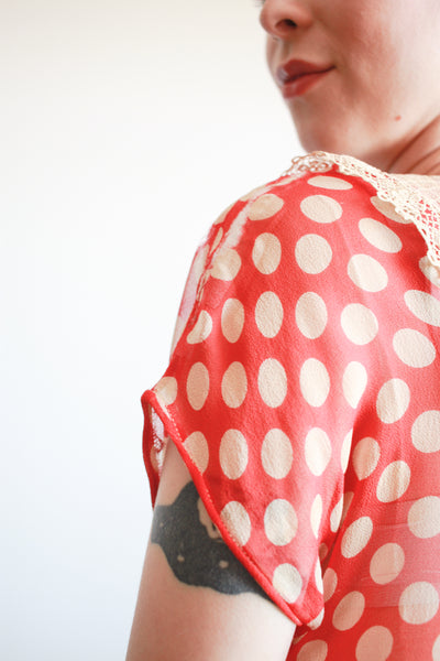 1920s Red Polka Dot Chiffon Day Dress