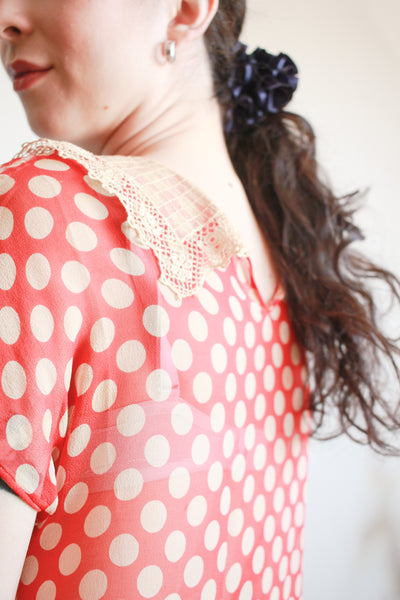1920s Red Polka Dot Chiffon Day Dress