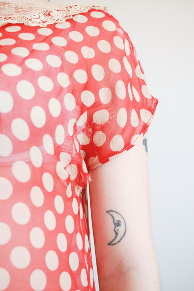 1920s Red Polka Dot Chiffon Day Dress