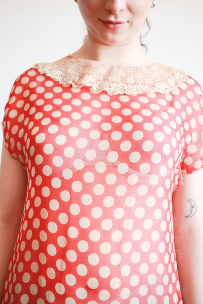 1920s Red Polka Dot Chiffon Day Dress