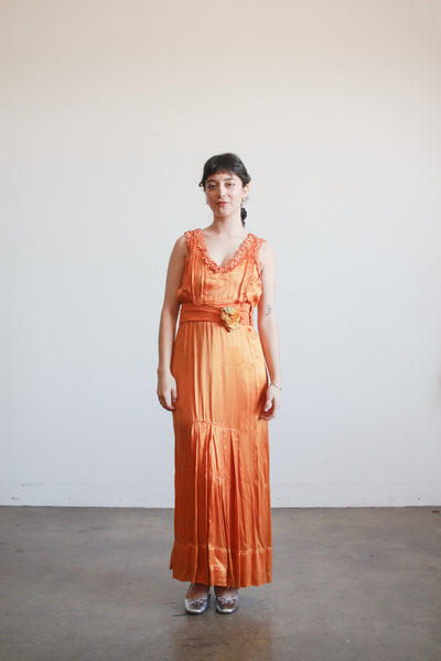 1930s Tangerine Silk Ruffled Sleeveless Gown