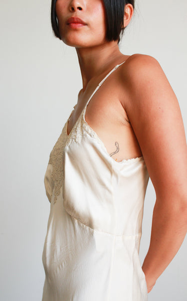 1930s Ecru Satin Embroidered Slip Dress