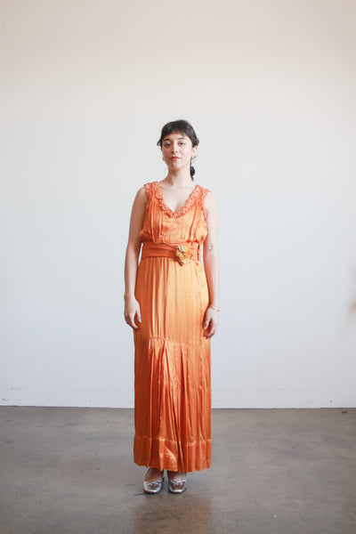 1930s Tangerine Silk Ruffled Sleeveless Gown