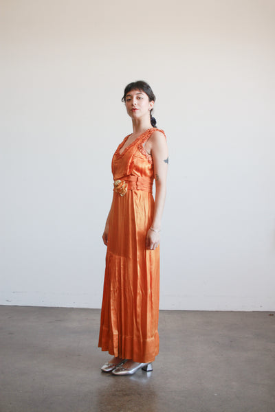 1930s Tangerine Silk Ruffled Sleeveless Gown