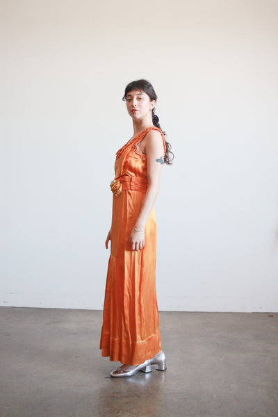 1930s Tangerine Silk Ruffled Sleeveless Gown