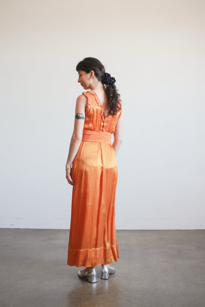 1930s Tangerine Silk Ruffled Sleeveless Gown