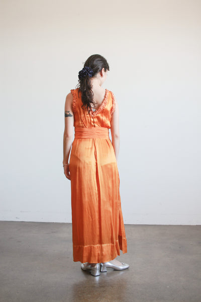 1930s Tangerine Silk Ruffled Sleeveless Gown