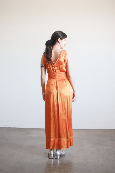 1930s Tangerine Silk Ruffled Sleeveless Gown