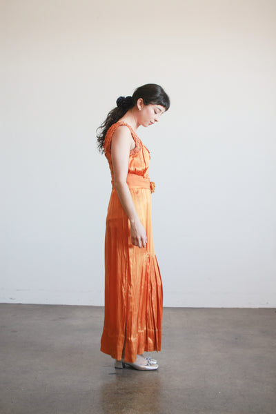 1930s Tangerine Silk Ruffled Sleeveless Gown
