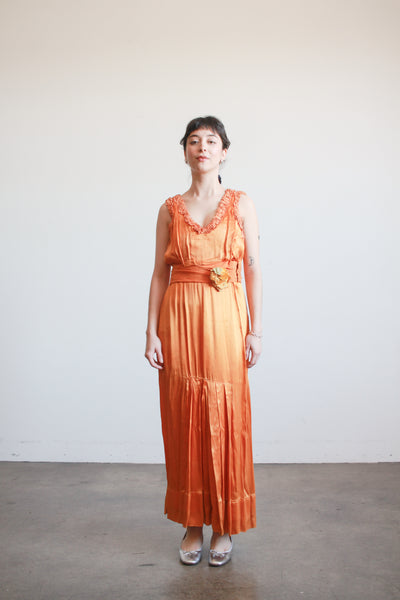 1930s Tangerine Silk Ruffled Sleeveless Gown