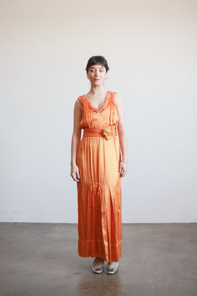 1930s Tangerine Silk Ruffled Sleeveless Gown