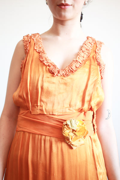 1930s Tangerine Silk Ruffled Sleeveless Gown