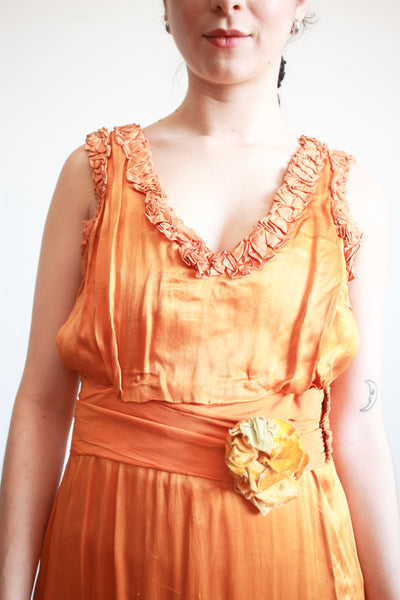 1930s Tangerine Silk Ruffled Sleeveless Gown