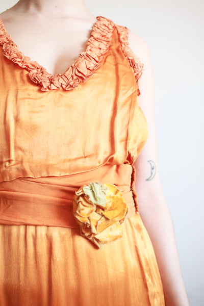 1930s Tangerine Silk Ruffled Sleeveless Gown