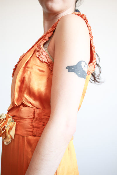 1930s Tangerine Silk Ruffled Sleeveless Gown
