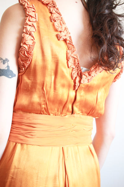 1930s Tangerine Silk Ruffled Sleeveless Gown