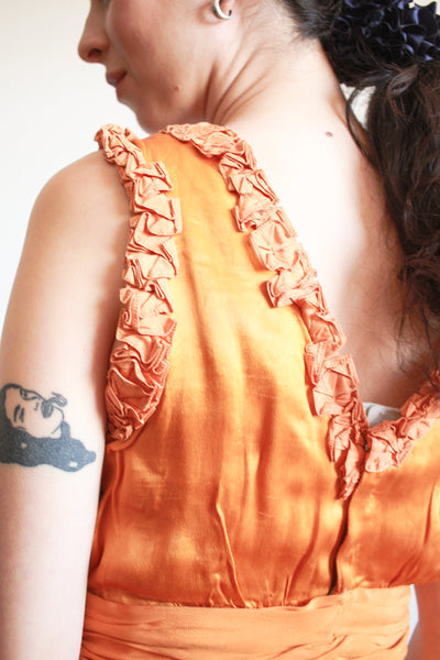 1930s Tangerine Silk Ruffled Sleeveless Gown