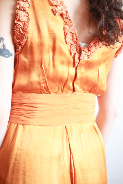 1930s Tangerine Silk Ruffled Sleeveless Gown