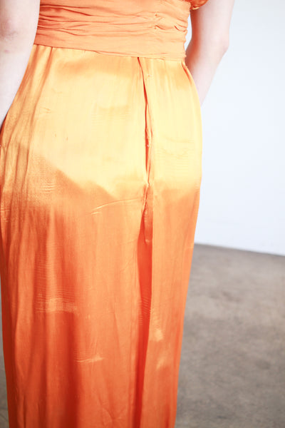 1930s Tangerine Silk Ruffled Sleeveless Gown