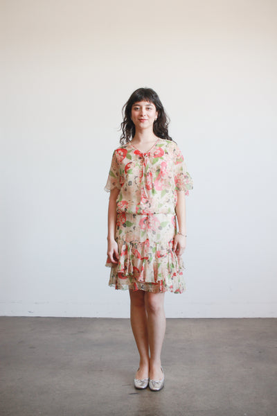 1920s Red and Green Silk Apple Blossom Capelet Dress