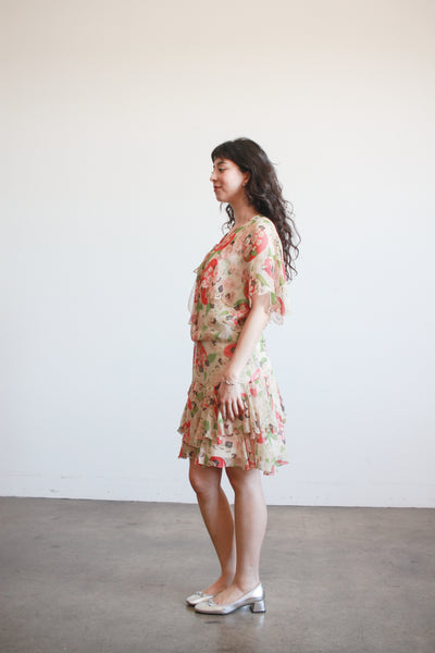 1920s Red and Green Silk Apple Blossom Capelet Dress