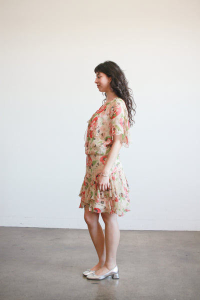 1920s Red and Green Silk Apple Blossom Capelet Dress