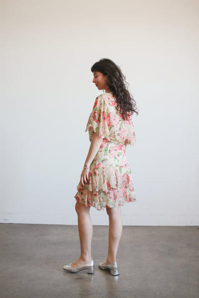 1920s Red and Green Silk Apple Blossom Capelet Dress