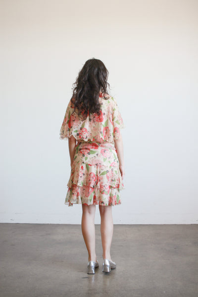 1920s Red and Green Silk Apple Blossom Capelet Dress