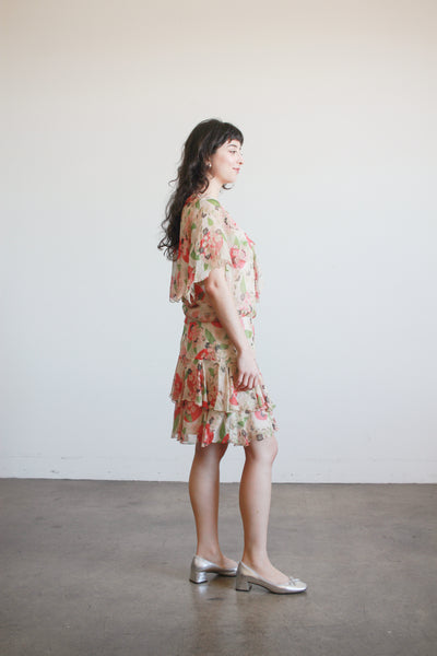 1920s Red and Green Silk Apple Blossom Capelet Dress