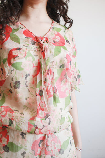 1920s Red and Green Silk Apple Blossom Capelet Dress