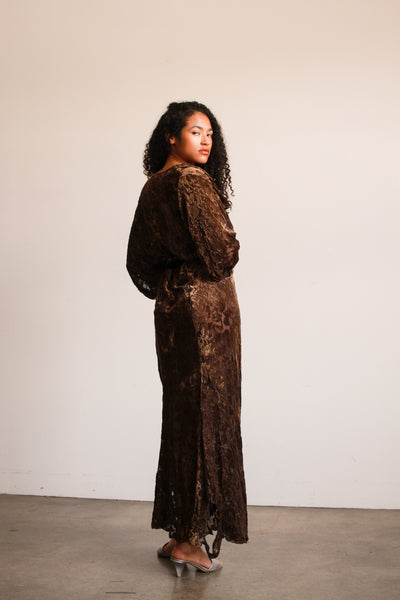 1930s Brown Devore Silk Velvet Bias Dress