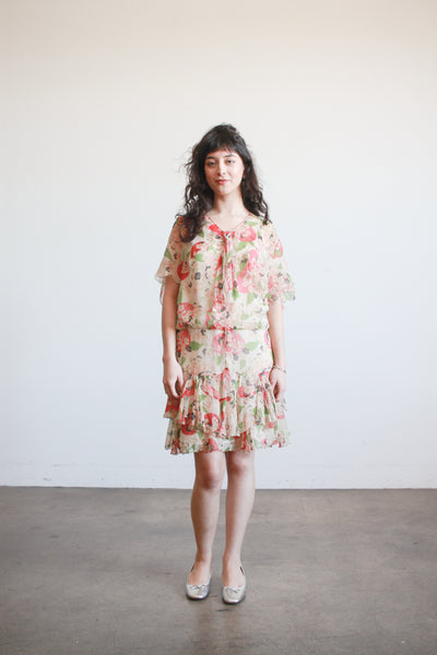 1920s Red and Green Silk Apple Blossom Capelet Dress