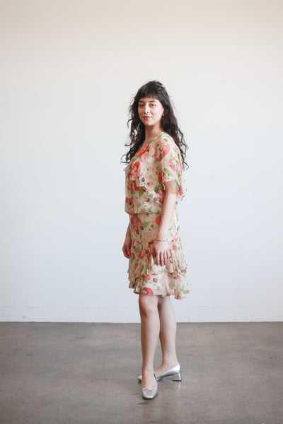 1920s Red and Green Silk Apple Blossom Capelet Dress