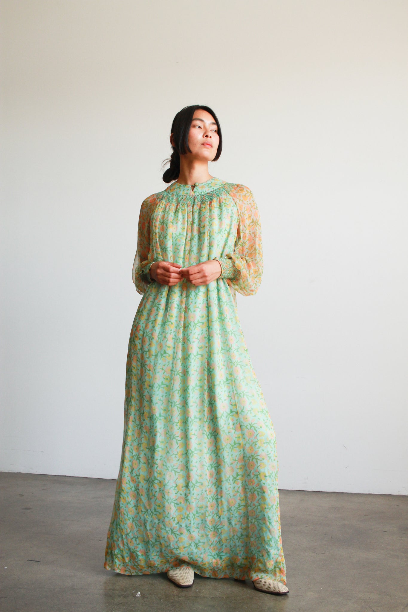 1970s Treacy Lowe Floral Chiffon Smock Dress