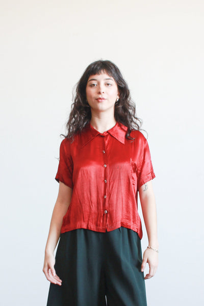 1930s Ruby Silk Satin Button Up Blouse