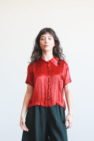 1930s Ruby Silk Satin Button Up Blouse