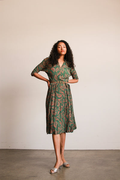 1940s Jade Green Print Rayon Pleated Dress