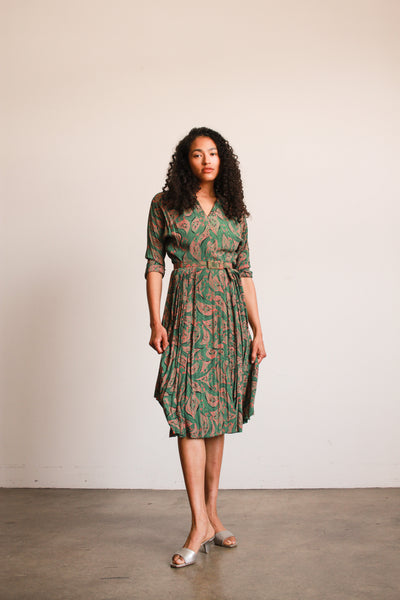 1940s Jade Green Print Rayon Pleated Dress