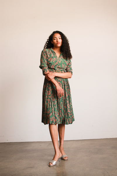 1940s Jade Green Print Rayon Pleated Dress