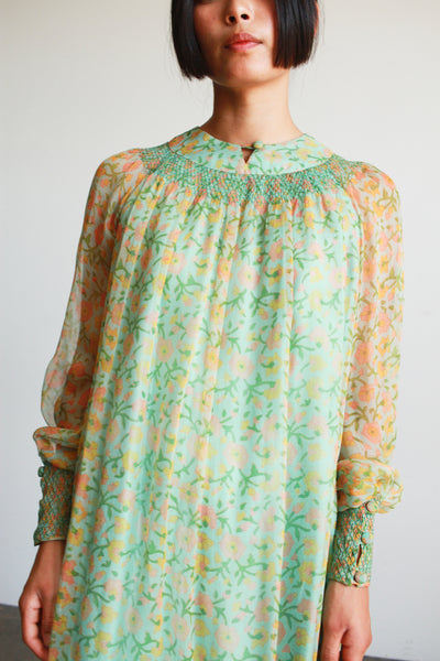 1970s Treacy Lowe Floral Chiffon Smock Dress