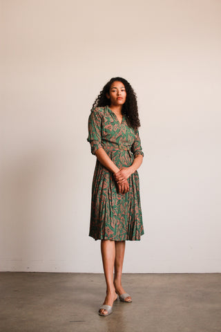 1940s Jade Green Print Rayon Pleated Dress