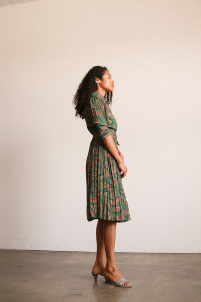 1940s Jade Green Print Rayon Pleated Dress