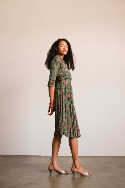 1940s Jade Green Print Rayon Pleated Dress