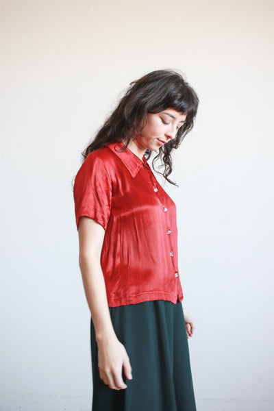 1930s Ruby Silk Satin Button Up Blouse