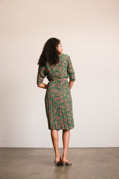 1940s Jade Green Print Rayon Pleated Dress