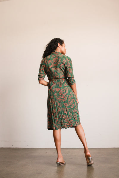 1940s Jade Green Print Rayon Pleated Dress