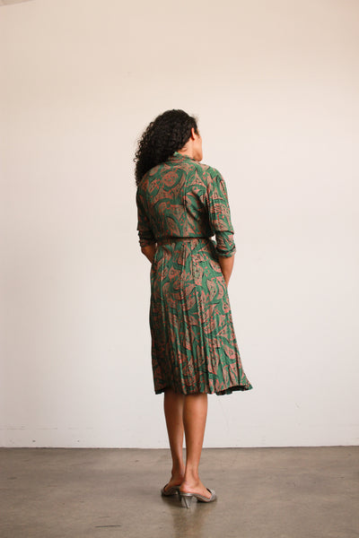 1940s Jade Green Print Rayon Pleated Dress