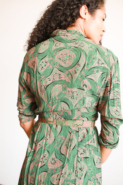 1940s Jade Green Print Rayon Pleated Dress