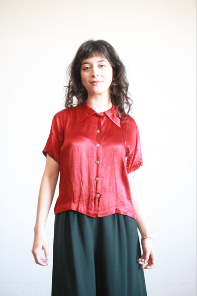 1930s Ruby Silk Satin Button Up Blouse