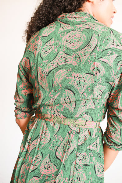 1940s Jade Green Print Rayon Pleated Dress